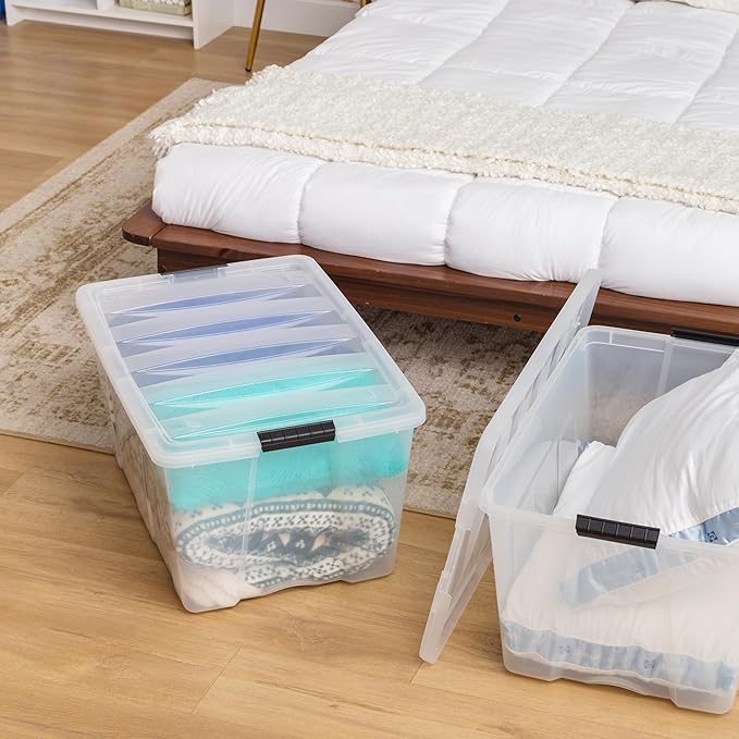 IRIS USA 94 Qt Stackable Plastic Storage Bins with Lids, 4 Pack - BPA-Free, Made in USA - See-Through Organizing Solution, Latches, Durable Nestable Containers, Secure Pull Handle - Clear - Image 4