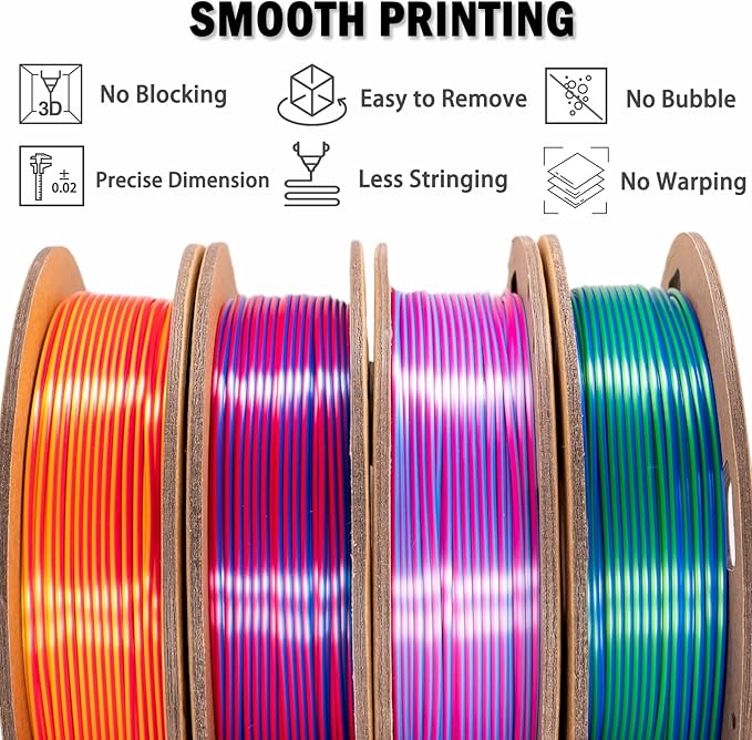 OVV3D 3D Printer Filament, PLA Filament 1.75mm Bundle, Dual Color Filament, Coextrusion 3D Filament, Silk PLA Color Change Every Inch, 3D Printing Filament +/-0.02mm, 200g X 4 Spool - Image 6