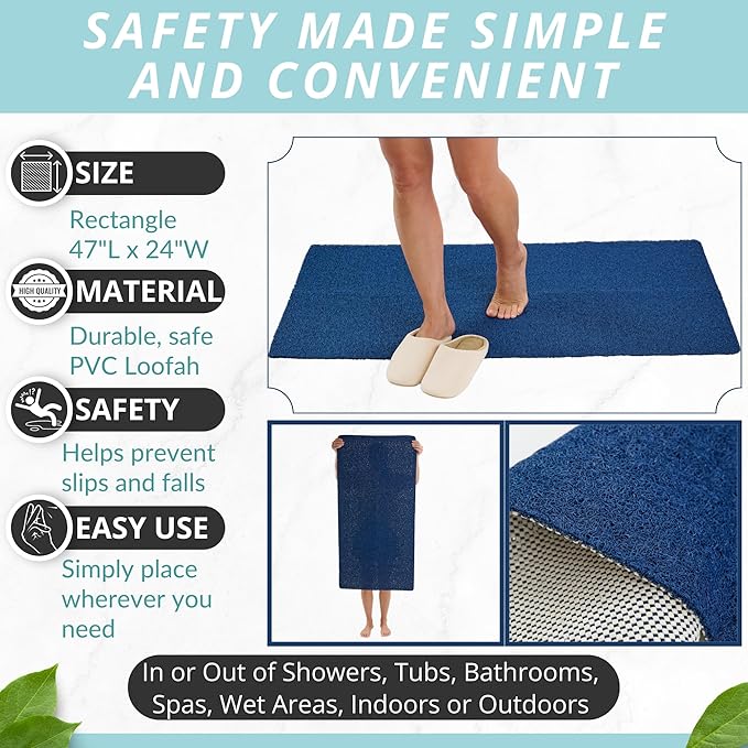 Soft Shower Mat Non Slip - PVC Loofah Inside or Outside Showers, Bathtubs, Bathrooms, and Wet Areas - Safe for Textured Tiled and Smooth Floor - No Suction Cups Secure Anti Slip (Navy 24 x 47) - Image 3