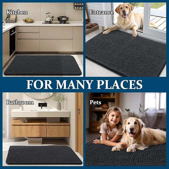OLANLY Dog Door Mat for Muddy Paws 70x35, Absorbs Moisture and Dirt, Absorbent Non-Slip Washable Doormat, Quick Dry Chenille Mud Mat for Dogs, Entry Indoor Entryway Carpet for Inside Floor, Dark Grey - Image 8