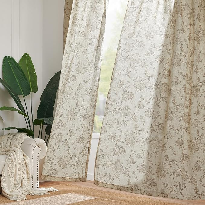 jinchan Linen Floral Curtains for Living Room with Printed Flower 84 Inches Long Light Filtering French Country Back Tab Rod Pocket Taupe Window Curtain Set Farmhouse Drapes 2 Panels Taupe - Image 7