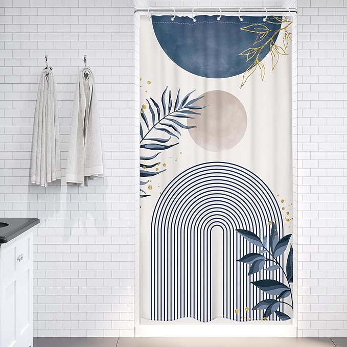 Small Stall Boho Shower Curtain 36Wx72H RV Blue Modern Mid Century Abstract Leaves Plant Minimalist Geometric Bathroom Decor Half Narrow Standing Bath Curtain Fabric Polyester 7 Pack Hook - Image 2