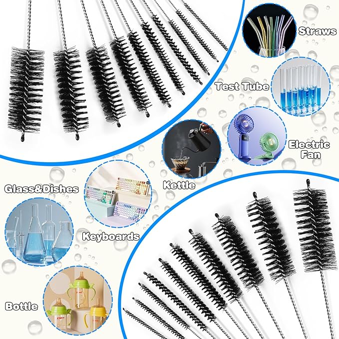 Cleaning Brushes Set, 10 Pieces 8 Inch Nylon Tube Brush + 60 Inch Flexible Long Drain Brush, Hose Pipe Brush, Suitable for Home Kitchen, Bathroom, Fish Tank, Water Pump Accessories (Black) - Image 4