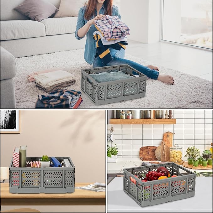 Heavy Duty Plastic Milk Crates for Storage, 4-Pack Stackable Storage Bins for Organizing, Collapsible Storage Basket with Handle for Groceries, Suitable for Home Office School Store, Gray - Image 2