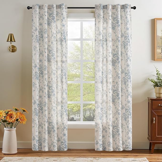 jinchan Linen Floral Curtains 84 Inch Length for Living Room Bedroom Light Filtering Farmhouse Peony Flower Drapes Rustic Window Curtain Set Rod Pocket Back Tab 2 Panels Blue by JINCHAN