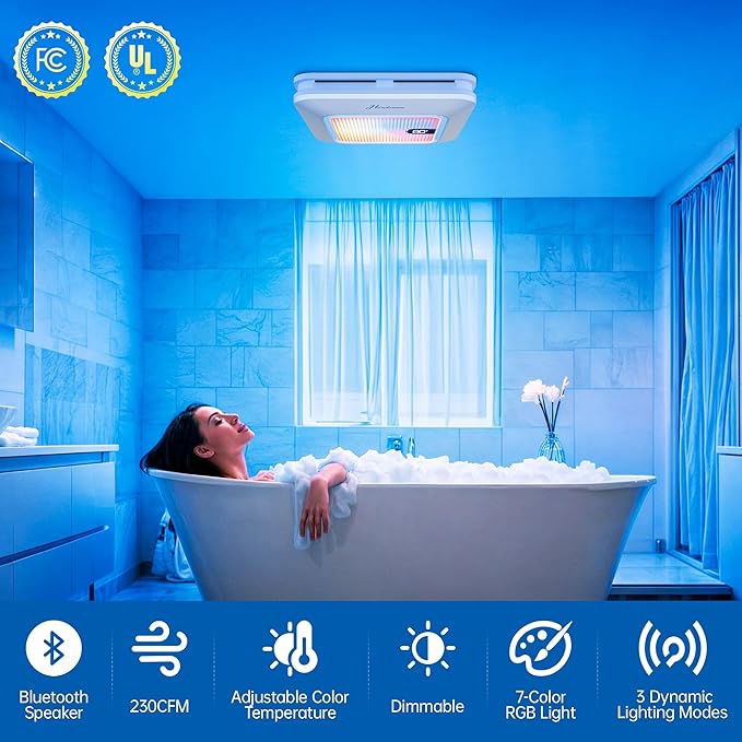 Bathroom Exhaust Fan with Bluetooth Speaker, 230 CFM 1.0 Sone Bathroom Exhaust Fan with Light, 3 Dynamic Light, 7 LED Color, 3 Color Temperatures, Nightlight,Remote, Easy Install - Image 7