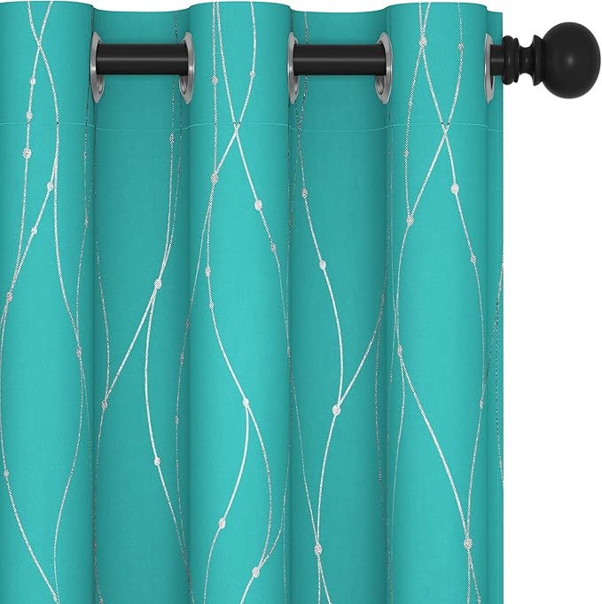 Deconovo Blackout Curtains, Thermal Insulated Soundproof Grommet Drapes, Wave Dots Silver Print, 42 x 54 Inch, Set of 2, Machine Washable Panels for Kitchen Bedroom Living Room Nursery, Turquoise by Deconovo