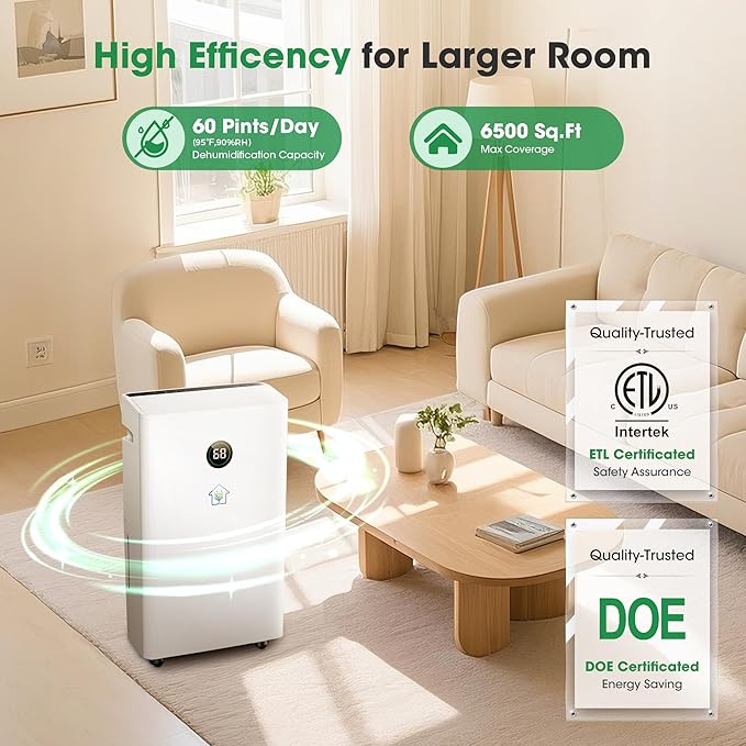 6,500 Sq.Ft Dehumidifier for Basement with Drain Hose, 186 OZ Water Tank, 60 Pint Dehumidifiers for Large Home with Three Operation Modes, Intelligent Humidity Control, 24HR Timer for Bathroom - Image 9