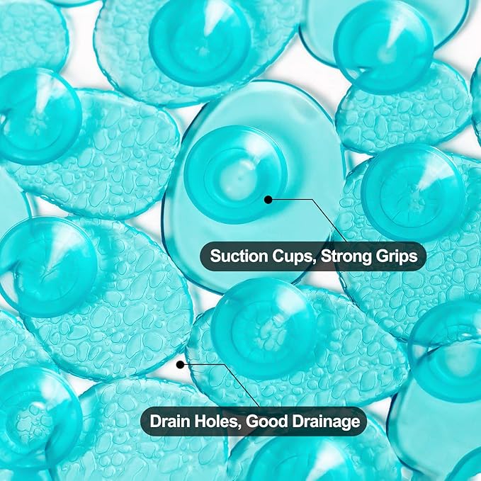 WELTRXE Pebbles Bath Mat Oval Non-Slip Bathtub Mat with Suction Cups, Drain Holes for Bathroom Showers, Tub, Machine Washable, BPA, Latex Free Safe Shower Mats, 27 x 14 Inch, Teal - Image 4