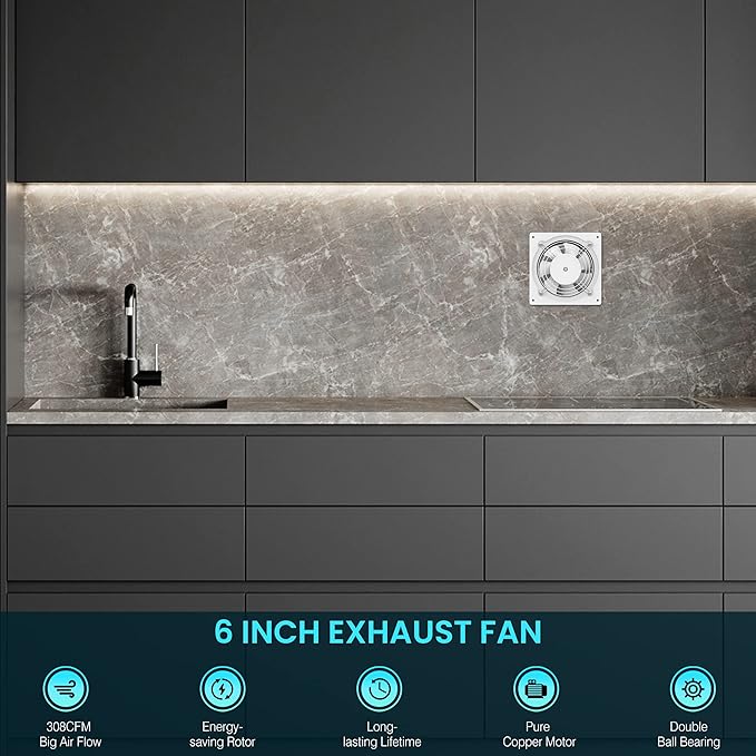 HG Power 6 Inch Exhaust Fan with Speed Controller, 308CFM Wall Exhaust Fanfor Kitchen, Bathroom, Metal Extractor Fan for Pet Room, Smoking Room, Attic, Garage, Window Ventilation - Image 7