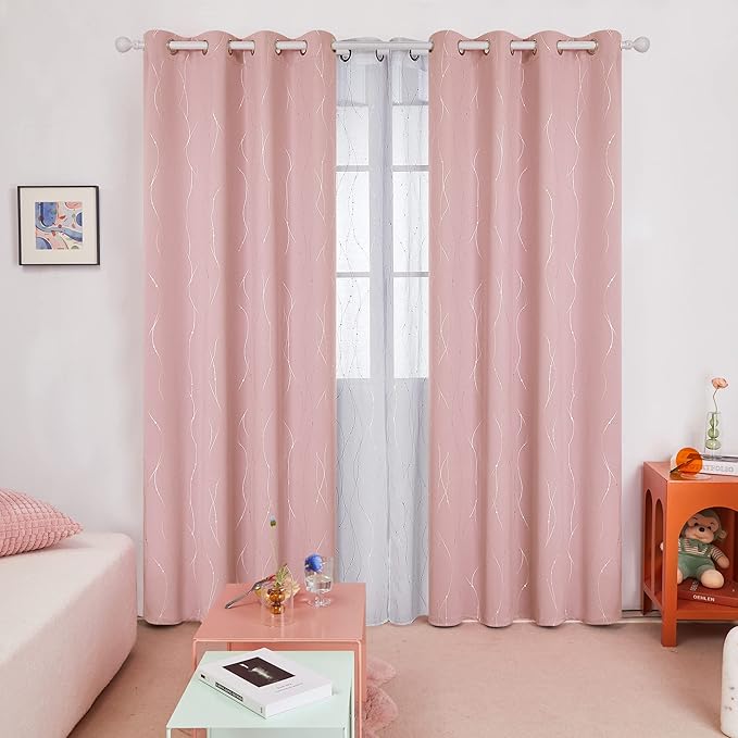 Deconovo Pink Blackout Curtains for Bedroom, Thermal Insulated Soundproof Pravicy Curtain, Silver Wave Dots Print, 52 x 108 Inch Long, Machine Washable Window Panels for Kids Room Nursery, Set of 2 - Image 2