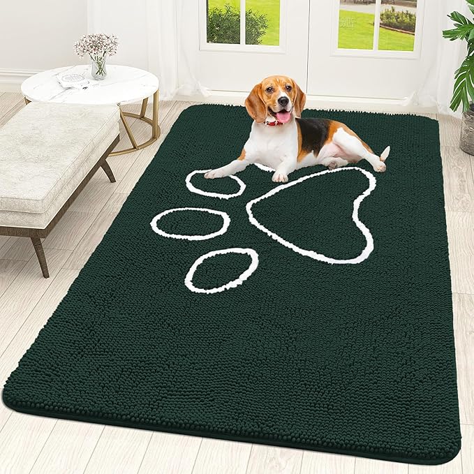 OLANLY Dog Door Mat for Muddy Paws 59x35, Paw Print Design, Absorbs Moisture and Dirt, Absorbent Non-Slip Washable Doormat, Quick Dry Chenille Mud Mat, Entry Indoor Entryway Carpet, Blackish Green by OLANLY