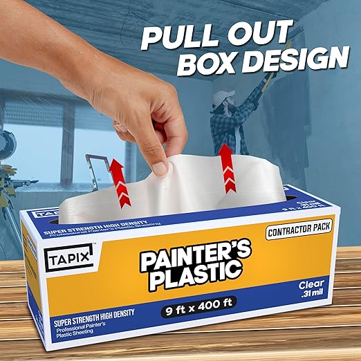 Painter's Plastic Film, 400' Length x 9' Width High, High Density Painters Plastic Sheeting Roll in Box with Dispense Hole for Easy Paint Plastic Covering - Image 3