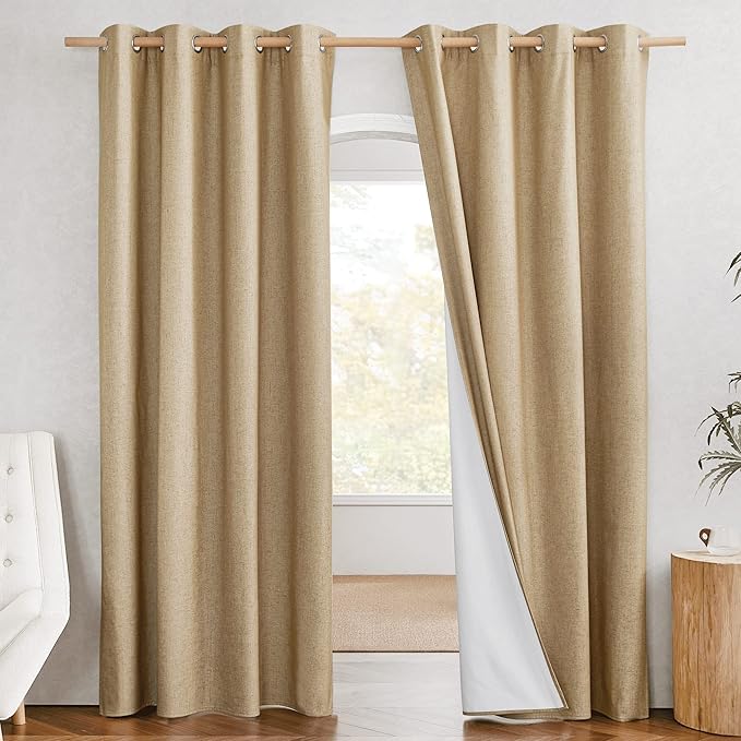 NICETOWN 100% Absolutely Blackout Linen Curtains with Thermal Insulated White Liner, Camel, W52 x L90, 2 Panels, Textured Linen Look Noise Reducing Window Treatments Drapes for Bedroom/Living Room - Image 2
