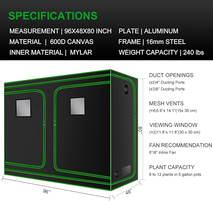 MELONFARM 4x8 Grow Tent, 96"x48"x80" High Reflective 600D Diamond Mylar Canvas with Observation Window and Floor Tray for Hydroponic Indoor Plant Growing - Image 7