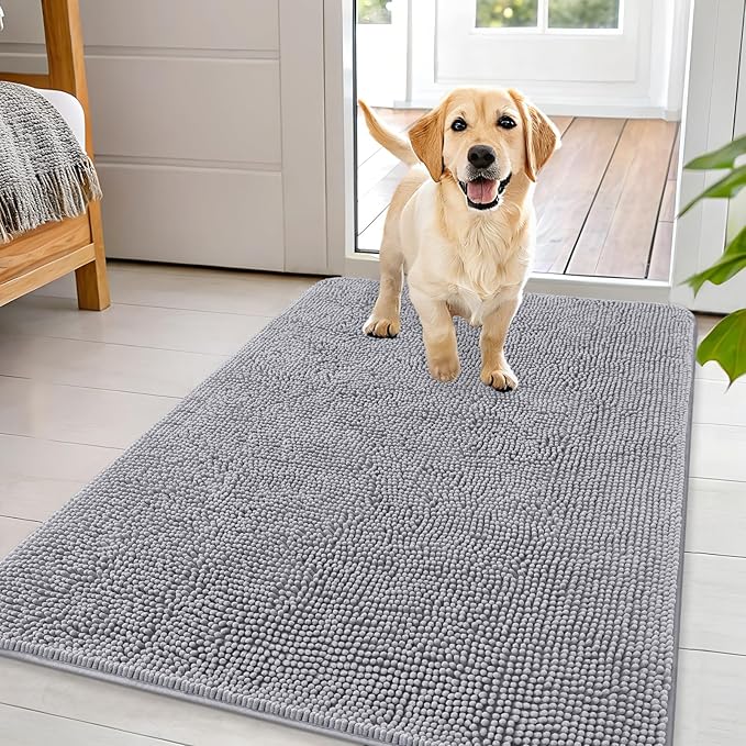 OLANLY Dog Door Mat for Muddy Paws 44x32, Absorbs Moisture and Dirt, Absorbent Non-Slip Washable Doormat, Quick Dry Chenille Mud Mat for Dogs, Entry Indoor Entryway Carpet for Inside Floor, Light Grey by OLANLY