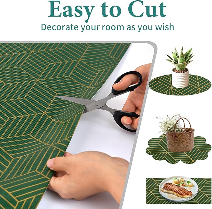 Shelf Liners for Kitchen Cabinets 17.5in x 20FT, Non Adhesive Cabinet Liner Strong Non-Slip Thickened Gold Green Geometric Drawer Liner, Easy to Clean for Shelf, Cabinet with Knife and Tape Measure - Image 4