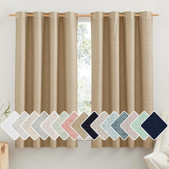 NICETOWN 100% Absolutely Blackout Linen Curtains with Thermal Insulated White Liner, Camel, 52" Wide by 63" Long, 2 Pieces, Linen Blend Window Drapes Privacy Window Treatments for Bedroom/Kids Room by NICETOWN