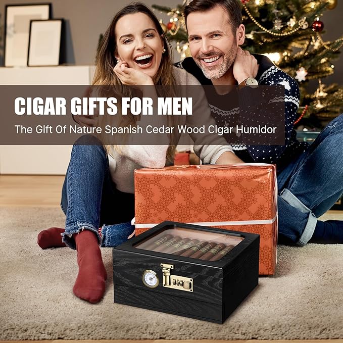 Cigar Humidor, Cedar Wood Humidor Cigar Box, Glass Top Desktop Humidor with Front Hygrometer, Humidifier, Divider, Accessories Drawer and Combination Lock, Cigar Gifts for Men (Black) - Image 8
