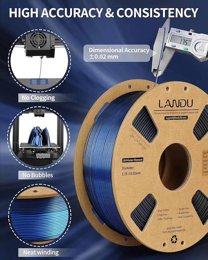 LANDU Silk Dual Color PLA Filament 1.75mm 1KG, 3D Printer Filament Dimensional Accuracy +/- 0.02mm, Coextrusion Filament PLA Shiny Filament Fits for Most FFF 3D Printers,1KG Spool (2.2lbs) Black Blue - Image 4