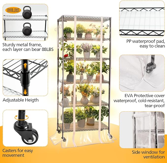 Meonum Indoor Greenhouse with Grow Lights, 6 Tier Metal Plant Shelf with Cover (30" x 13.8" x 70.8"), 5 Pack Full Spectrum Growing Lamps for Seed Starting, Grow Rack with Timer, Thermometer, pH Meter - Image 3