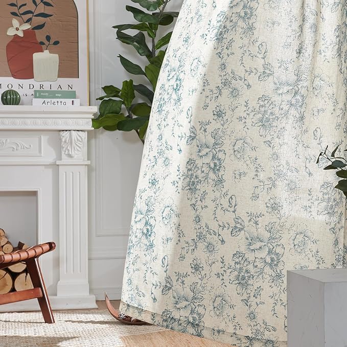 jinchan Linen Floral Curtains Extra Wide for Patio Sliding Glass Door Room Divider Curtain for Living Room Drapes 96 Inch Length Farmhouse Peony Green Printed Curtain Set 1 Panel - Image 8