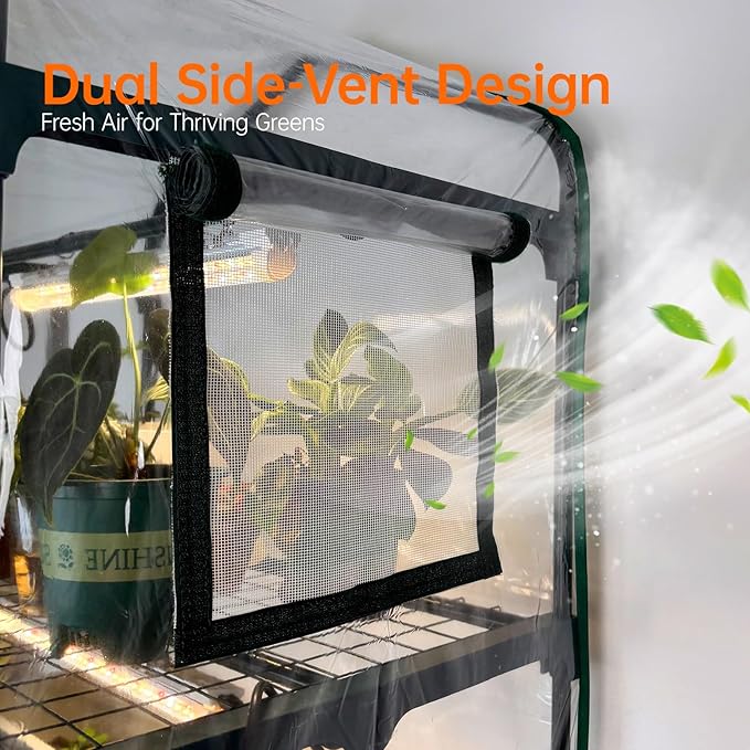 Bstrip Indoor Greenhouse with Grow Lights, PVC Tent with Waterproof Base Mat, Airflow Windows&Zippered Door, 4Pcs Grow Lights for Seed Starting with Timer, 4-Tier Greenhouse Shelf 27.2x19.3x61.8in - Image 3