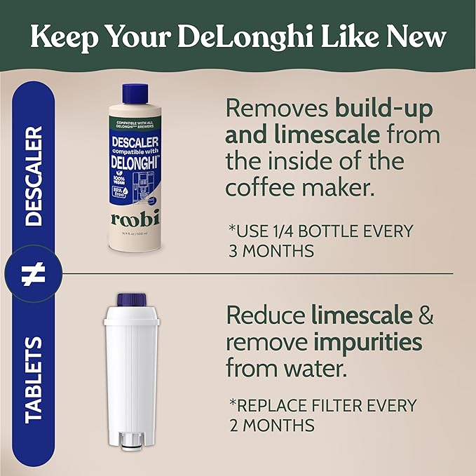 Roobi DeLonghi Compatible Cleaning Descaling Kit. Includes 1 Bottle of Descaling Solution and 4 DeLonghi Filters. Carbon Neutral DeLonghi Cleaner Descaler Kit. 1 Year Supply. - Image 8