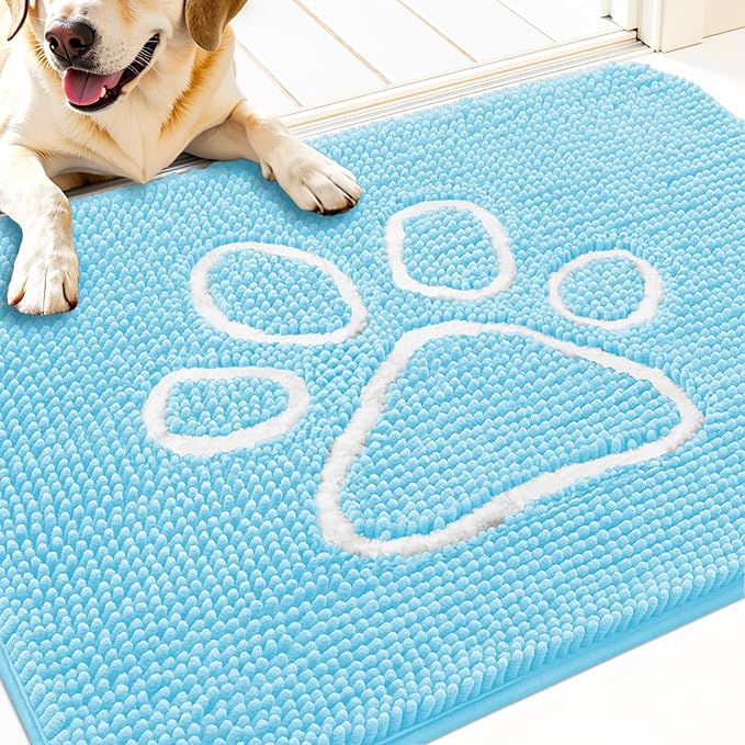 OLANLY Dog Door Mat for Muddy Paws 30x20, Paw Print Design, Absorbs Moisture and Dirt, Absorbent Non-Slip Washable Doormat, Quick Dry Chenille Mud Mat for Dogs, Entry Indoor Entryway Carpet, Blue by OLANLY