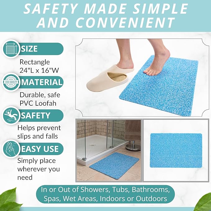 ENKOSI Loofah Non-Slip Shower and Bath Mat - Soft Cushioned Comfort - No Suction Cups for Smooth or Textured Tubs - Fast Draining - Safety for Bathroom, Family, Kids, and Elderly (24x16 Aqua Blue) - Image 3