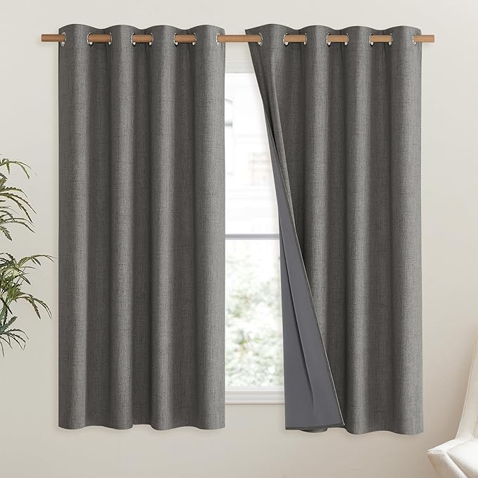 NICETOWN Grizzle Gray Vintage Linen 100% Blackout Curtains for Living Room, Thermal Insulated Curtains 63" Long, Noise Reducing Window Treatment Drapes for Hall Room, 52" Wide Per Panel, Set of 2 - Image 2