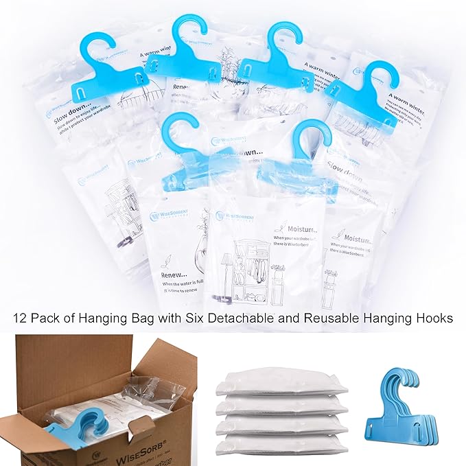 Moisture Absorber Refill Hanging Bags, 12 Pack (200g Each) – Calcium Chloride Dehumidifier Bags with 6 Reusable Hooks, Closet & Bathroom Dehumidifier Bags - Image 9