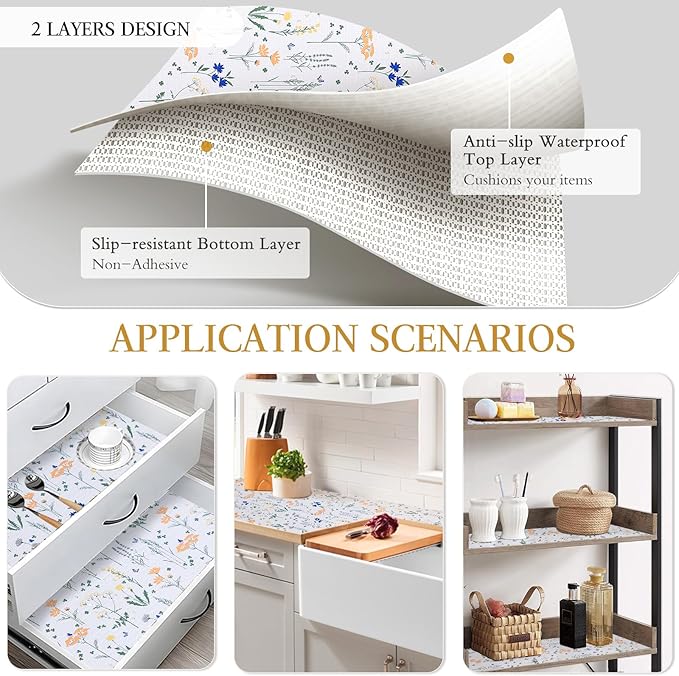 Beautysaid Shelf and Drawer Liner for Kitchen Cabinet, Non Adhesive Non Slip Shelf Paper Waterproof Washable Thickened for Dresser Pantry Shelve Bathroom Protector Liner(Floral,23.6 in x 10 FT) - Image 3