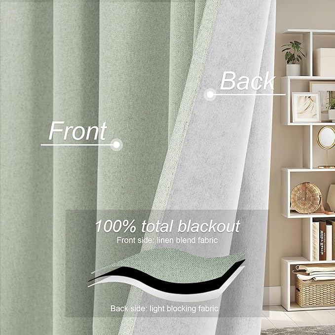 RYB HOME Light Green Curtains 100% Blackout, Linen Window Treatment Panels Thermal Insulated, Privacy Drapes for Living Room/Bedroom/Nursery, Rod Pocket & Back Tab, 2 Panels, W52xL84 - Image 4