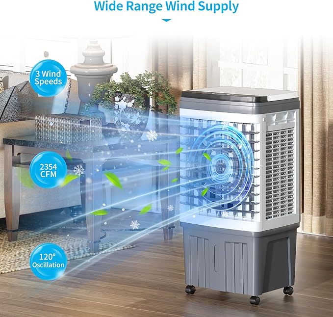 TABU 2354CFM 3-in-1 Evaporative Air Cooler, 6.6-Gal Water Tank Portable Swamp Cooler of Cooling, Humidifier& Fan,3 Wind Speeds,120° Oscillation,7.5H-Timer,Remote Control,Grey - Image 3