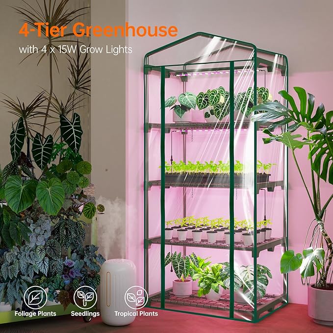 Bstrip Indoor Greenhouse with Grow Lights, 4 Tier 27.2" L×19.9" W×61.8" H Mini Greenhouse with Zippered PVC Cover for Seed Starting Trays, Dimmable 2FT 60W Plant Light for Indoor Plants with Timer - Image 4