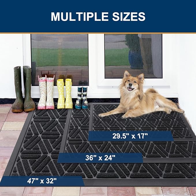 Smiry Front Door Mat Outside Entrance, Heavy Duty Sturdy Natural Rubber Doormat, Trap Dirt and Moisture, Easy Clean Low Profile Mats for Indoor Outdoor Entry, Grid Geometric (47x23, Black) - Image 2