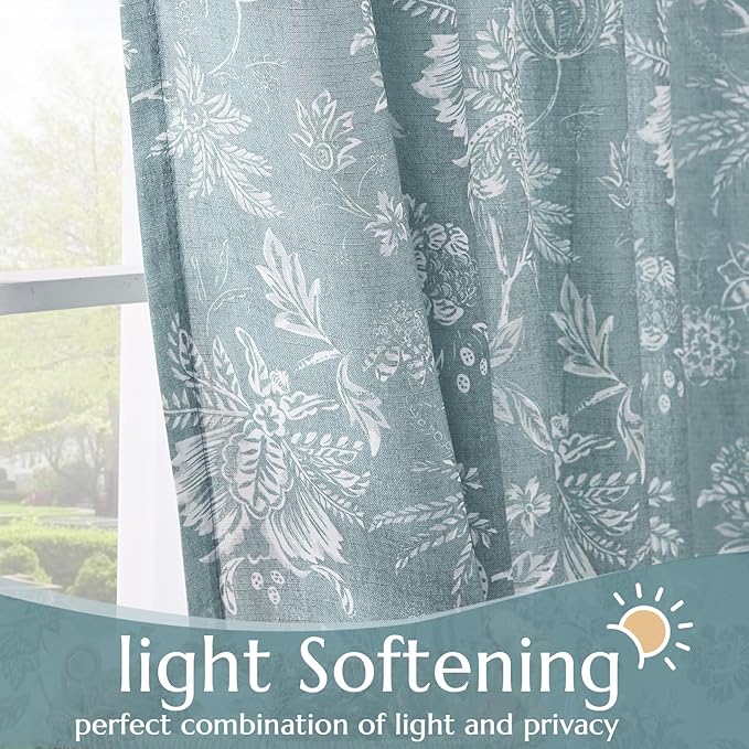 jinchan Linen Floral Curtains for Living Room, 96 Inch Length Curtains with Printed Flower Light Filtering Curtain, Rod Pocket Back Tab Blue Window Treatment Set Bedroom Curtain, 2 Panels Blue - Image 5