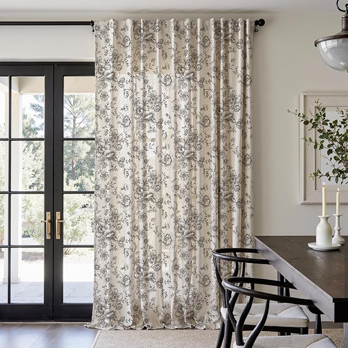 jinchan Linen Floral Curtains 100 Inch Extra Wide for Patio Sliding Glass Door Room Divider Curtain for Living Room 108 Inch Length Farmhouse Peony Black Printed Curtain Set 1 Panel - Image 2