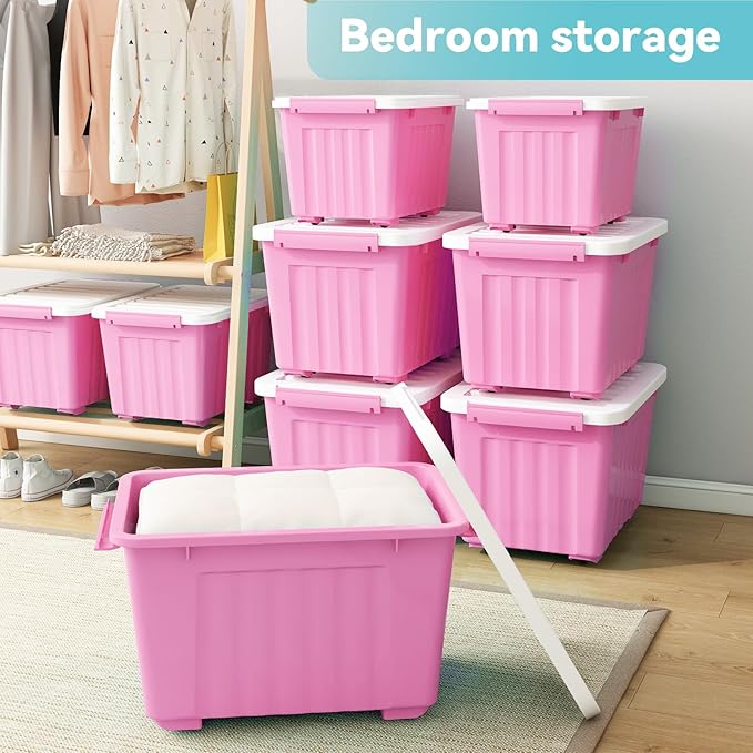 Nazhura Plastic Storage Bin, Stackable and Nestable Storage Boxes with White Lids and Secure Latching Buckles, Large Storage Container (Pink/White, 72Quart-6Pack) - Image 4