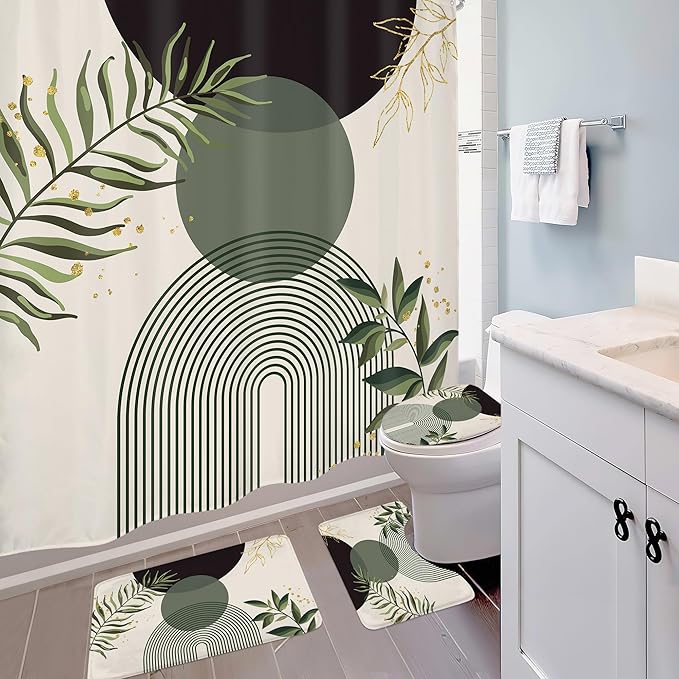 4 PCS Dark Green Boho 72Wx72H Shower Curtain Set Modern Mid Century Leaves Plant Bath Rug Toilet Lid Cover Nonslip U Shape Mat Quick Dry Accessories Bathroom Decor with 12 Hooks - Image 3