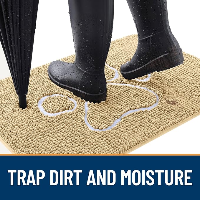 OLANLY Dog Door Mat for Muddy Paws 59x20, Paw Print Design, Absorbs Moisture and Dirt, Absorbent Non-Slip Washable Doormat, Quick Dry Chenille Mud Mat for Dogs, Entry Indoor Entryway Carpet, Beige - Image 2