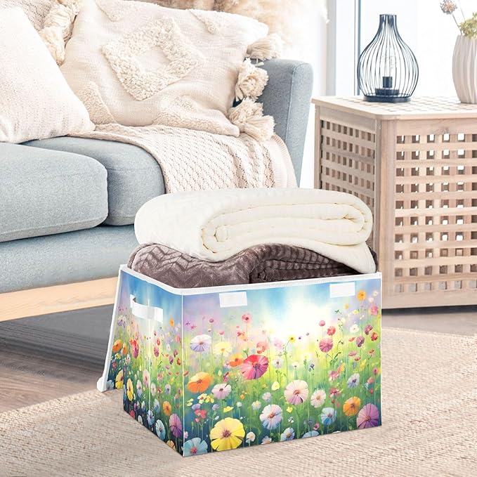 xigua Colorful Flowers Storage Bins with Lids and Carrying Handle,Foldable Storage Boxes Organizer Containers Baskets Cube with Cover for Home Bedroom Closet Office - Image 5