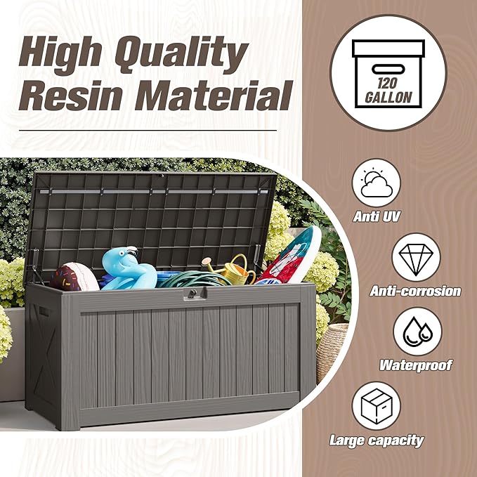JUMMICO 120 Gallon Resin Deck Box, Large Outdoor Storage Box Waterproof & Lockable for Garden, Patio, Pools (Light Brown) - Image 3