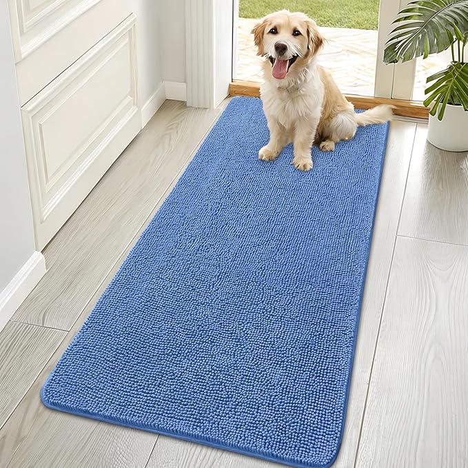 OLANLY Dog Door Mat for Muddy Paws 70x35, Absorbs Moisture and Dirt, Absorbent Non-Slip Washable Doormat, Quick Dry Chenille Mud Mat, Entry Indoor Entryway Carpet for Inside Floor, Cornflower Blue by OLANLY