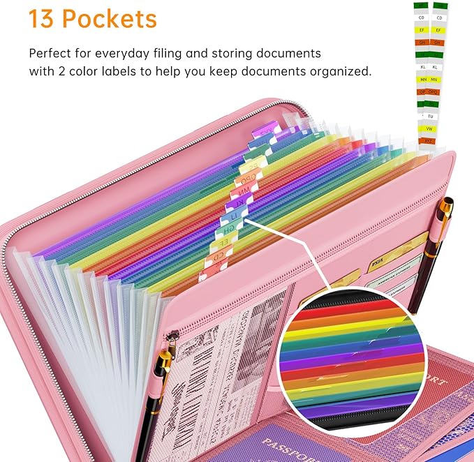 Tamfile Fireproof Accordion File Organizer with Handle, 13 Pocket Colorful Expanding File Folder with Zipper & Labels, File Folder with Multi-Pockets Paper Organizer Folder for Letter A4 Files (Pink) - Image 3