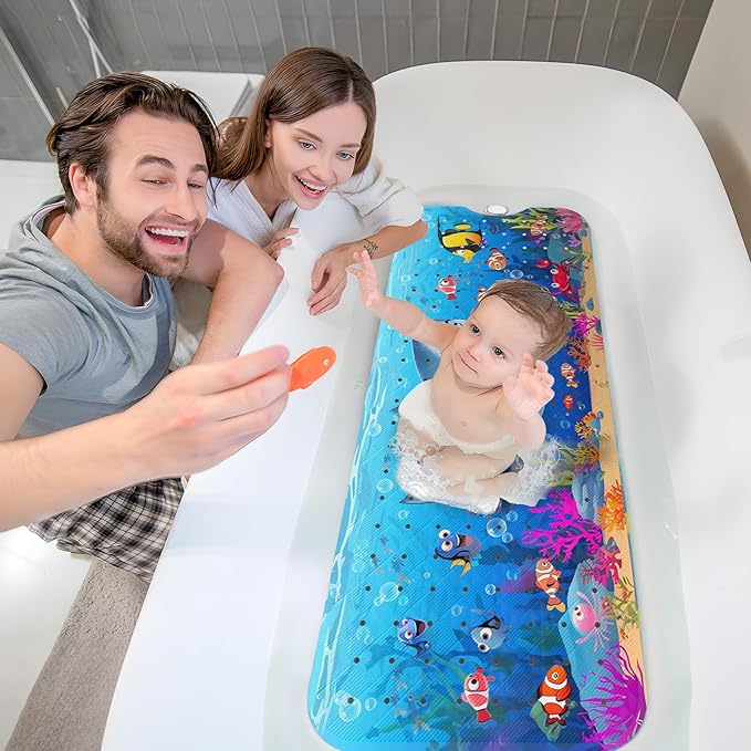 XIYUNTE Baby Bath Mat for Tub Non Slip Kids Bath Mat - 40''x16'' Extra Long Cartoon Shark Baby Bath Tub Mat Eco-Friendly Toddler Bath Mats with Suction Cups & Drain Holes, Easy to Clean & Easy Drying - Image 3