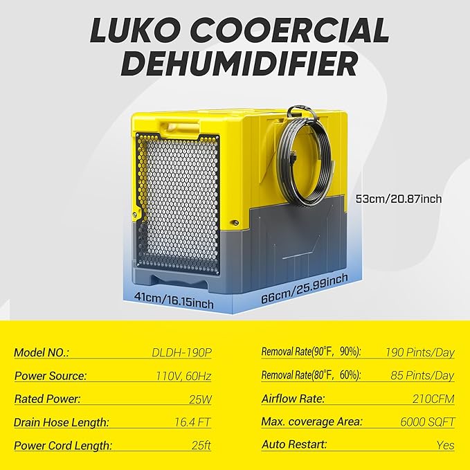 190Pints Commercial Dehumidifier for Basements with Pump Drain Hose, LGR Dehumidifiers with Wheels, Crawl Space Dehumidifier for Basement, Warehouse and Garages Up to 6000Sq, Yellow-2026 Upgraded-2PC - Image 2