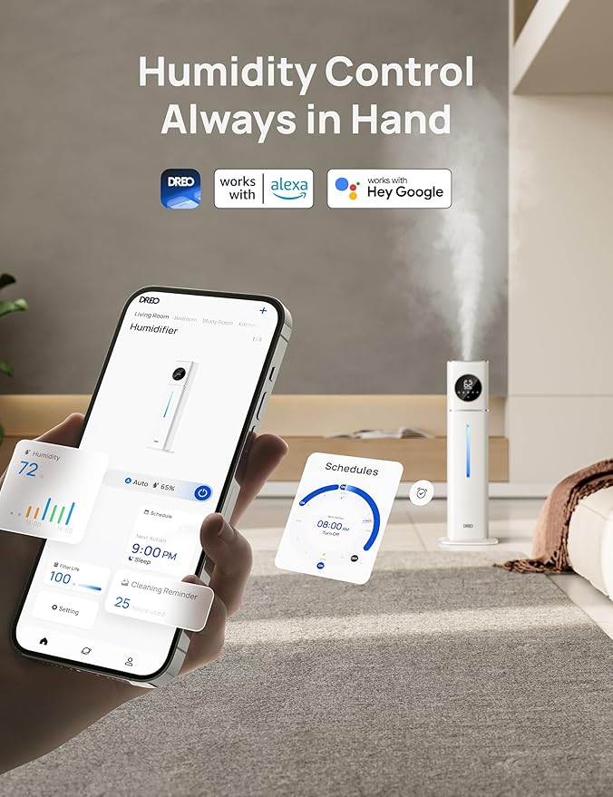 DREO HM735S 11L Smart Humidifier Large Room 700 ft², 100H Cool Mist Air Humidifiers for Bedroom, Top-Fill, Clean Tank Technology, 26dB, Auto Mode, Aroma Box, RGB, Remote & APP Control, Baby, Silver - Image 4