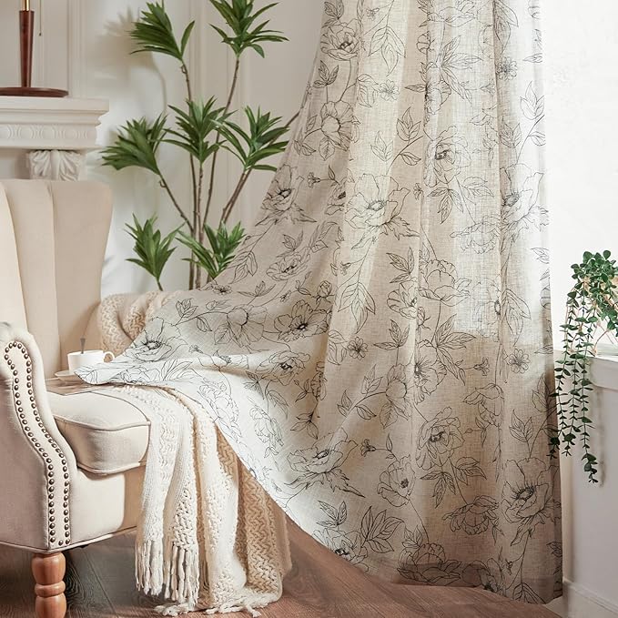 jinchan Linen Floral Curtains for Living Room 84 Inch Length Grey Flower Curtain Rod Pocket Back Tab Farmhouse Curtains with Printed Floral Bedroom Window Curtain Set, 2 Panels Gray - Image 8